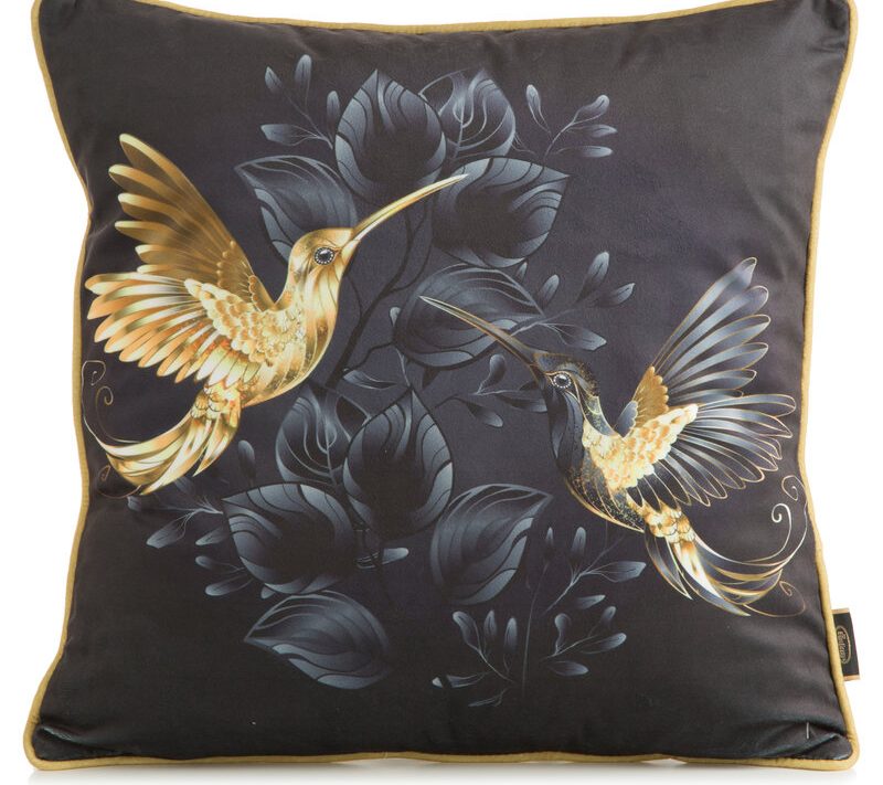 Poszewka welwetowa z kolibrami czarna 45X45 – z nutą egzotyki