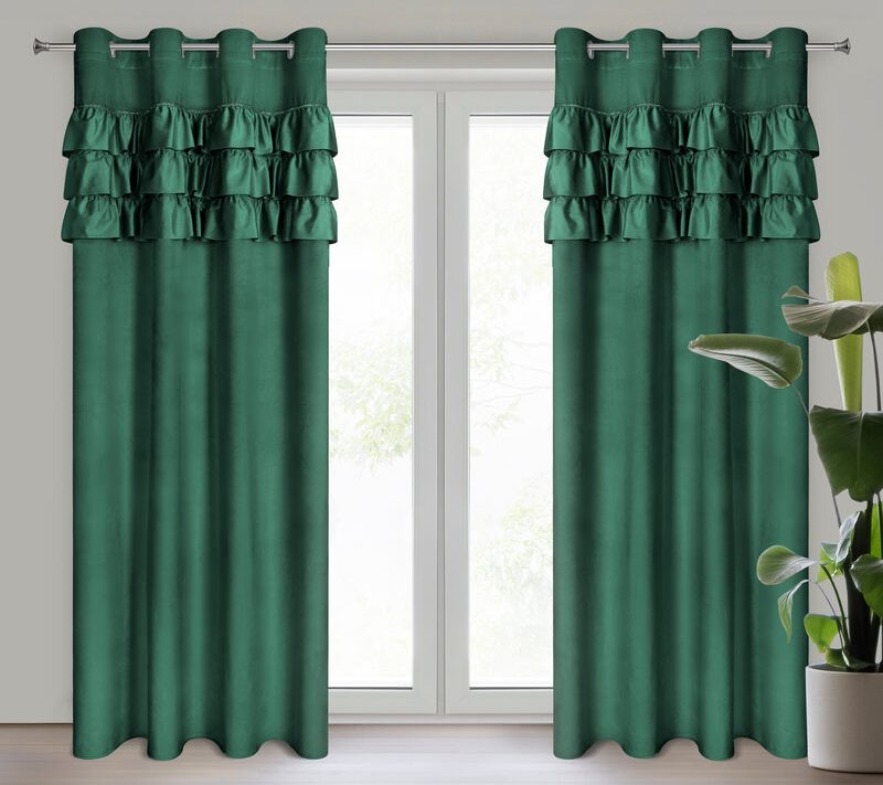 Zasłona gotowa z falbanami ciemnozielona 140 x 250 cm – zaciemnia i zdobi