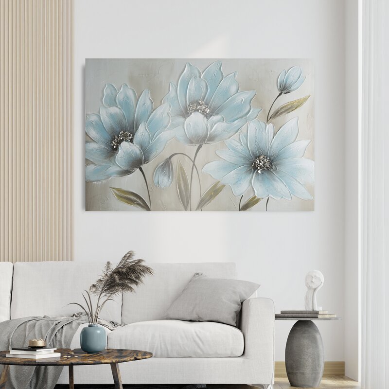Obraz ręcznie malowany kwiatowy błękitny 90 X 60 CM – dla harmonii i spokoju