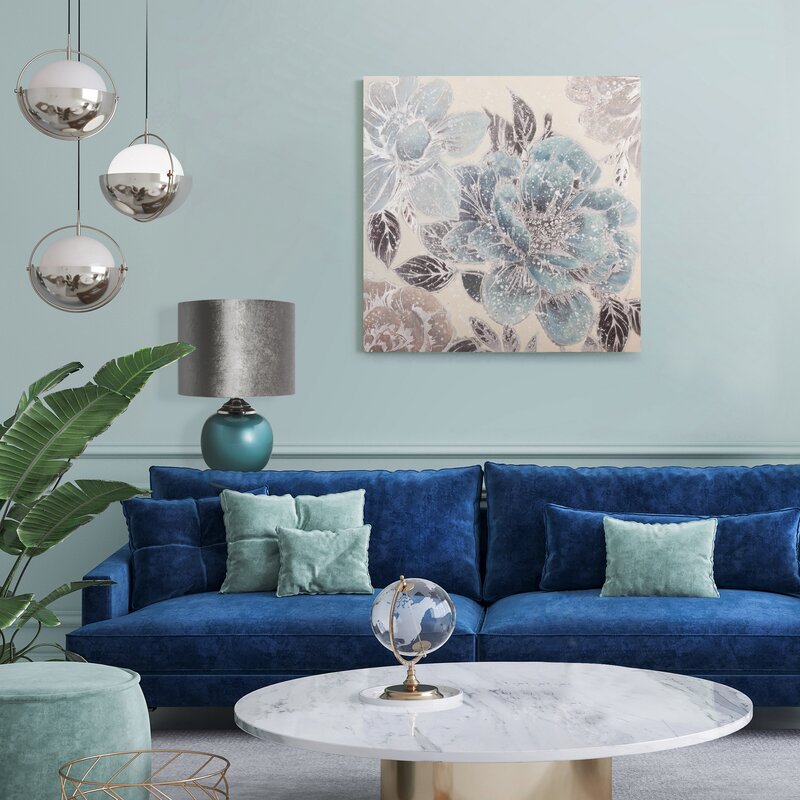 Obraz ręcznie malowany Kwiaty niebieski 90 X 90 CM – ożywia wnętrze