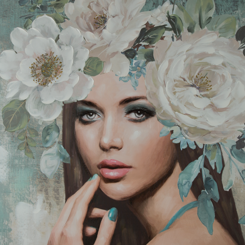 Obraz ręcznie malowany portret kobiety turkusowy 80 X 120 cm – idealny do salonu boho