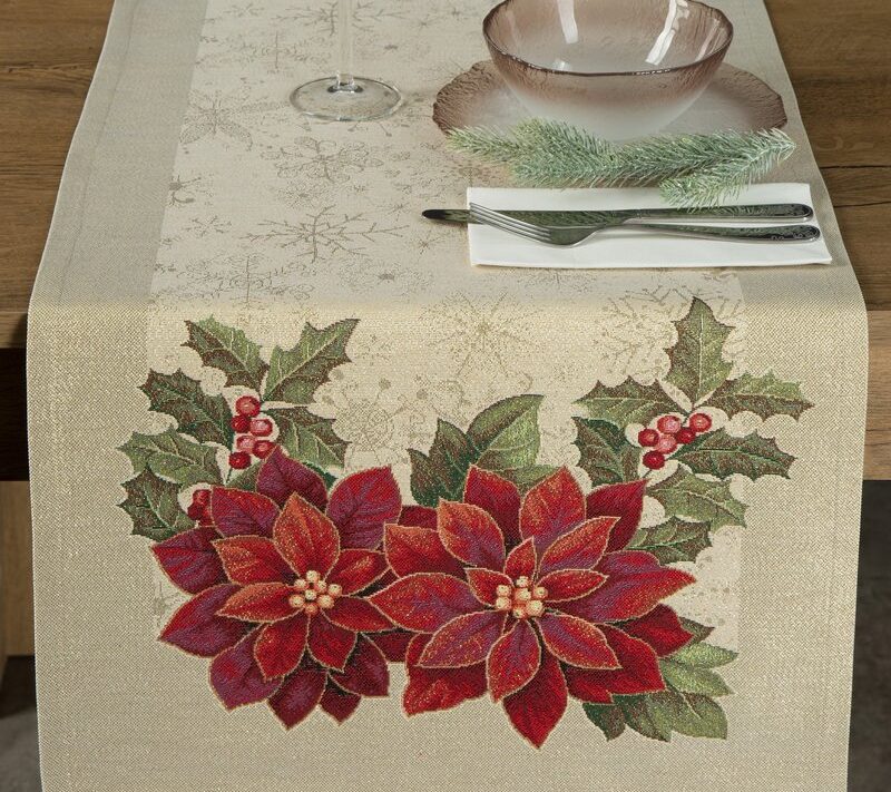 Obrus gobelinowy świąteczny złoty 50x110 cm – odporny na plamy