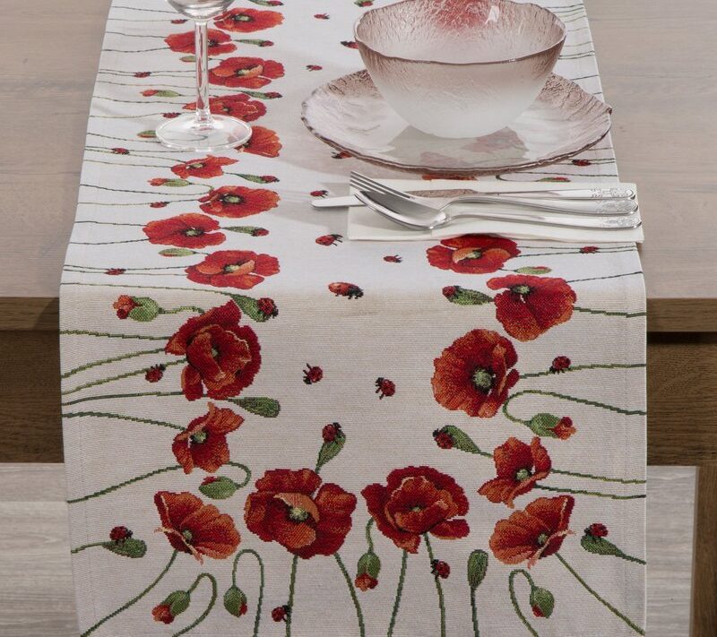 Obrus gobelinowy z makiem naturalny 40x100 cm – wprowadza wiosenną radość