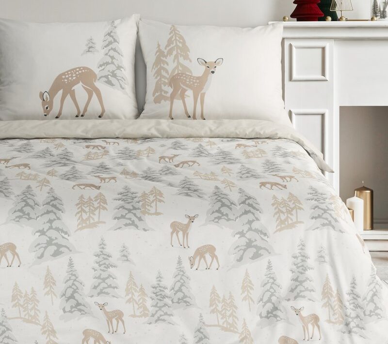 Pościel świąteczna Fawn biała 160 x 200 cm – 100% bawełna