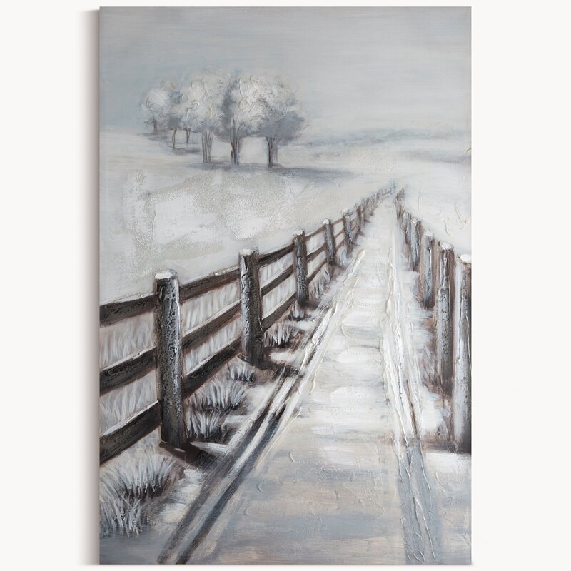 Obraz ręcznie malowany pejzaż zimowy szary 80 X 120 CM – tworzy spokojny nastrój
