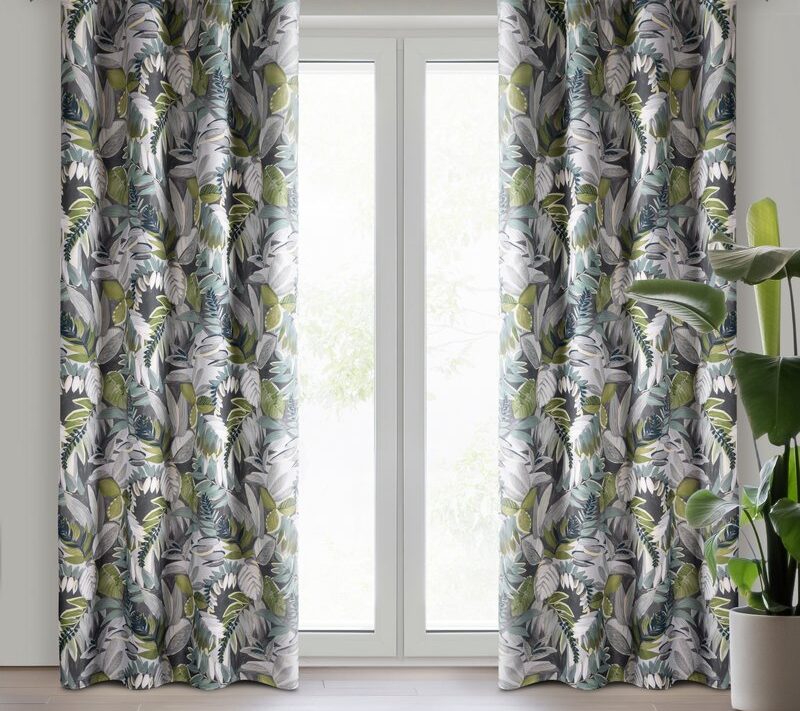 Zasłona gotowa Marila stalowa 140 X 270 CM – z motywem botanicznym