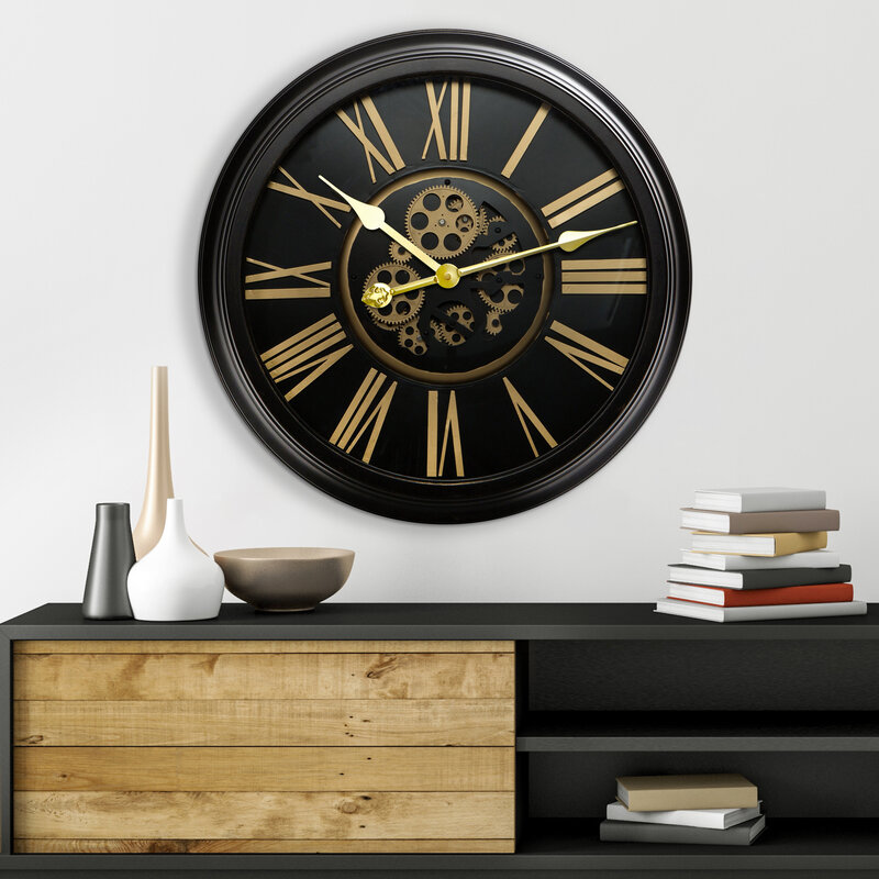 Zegar ścienny industrial czarny O 64 x 11 cm – stylowy akcent w salonie