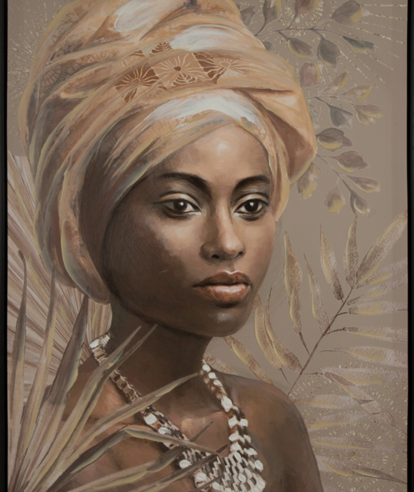 Obraz ręcznie malowany Portret Kobiety w Turbanie beżowy 60 X 80 CM – egzotyczny akcent wnętrza