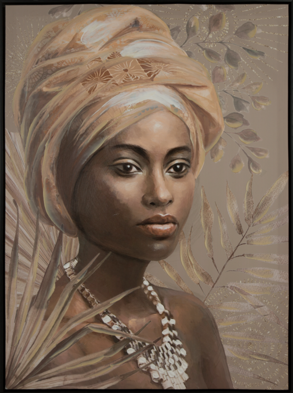 Obraz ręcznie malowany Portret Kobiety w Turbanie beżowy 60 X 80 CM – egzotyczny akcent wnętrza