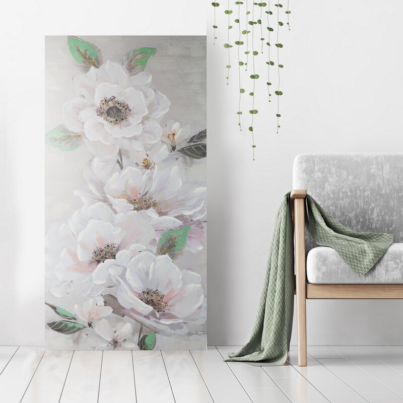 Obraz ręcznie malowany kwiatowy beżowy 60 X 120 cm – wprowadza harmonię
