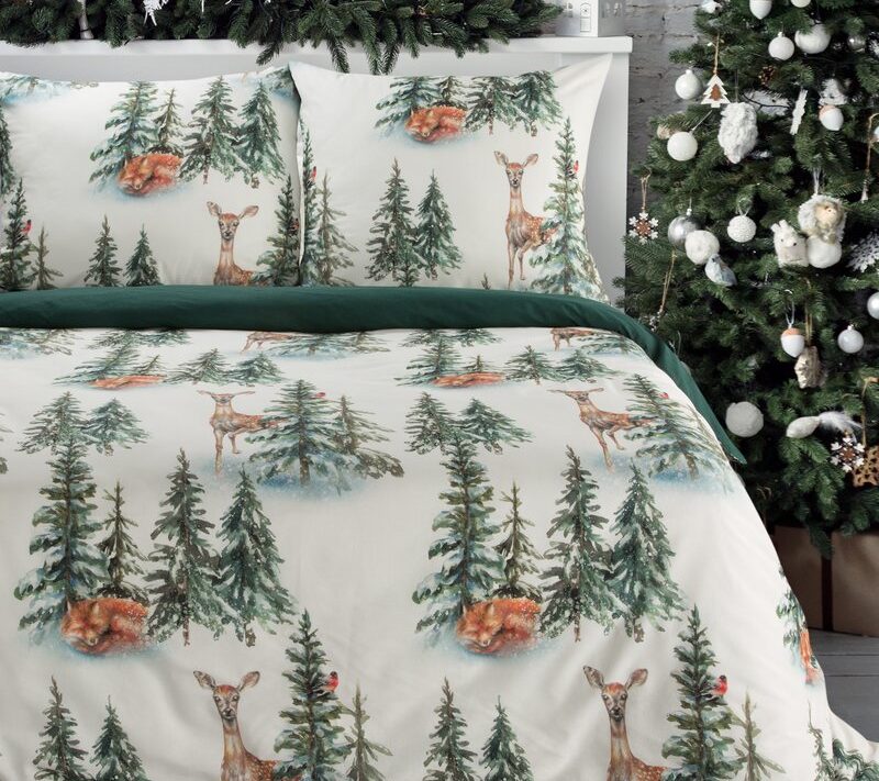 Pościel świąteczna Deer biała 160 x 200 cm – 100% bawełna