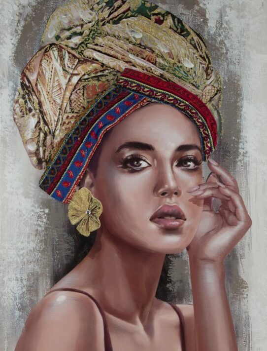 Obraz ręcznie malowany portret kobiety w turbanie brązowy 70 X 100 cm – egzotyczny akcent