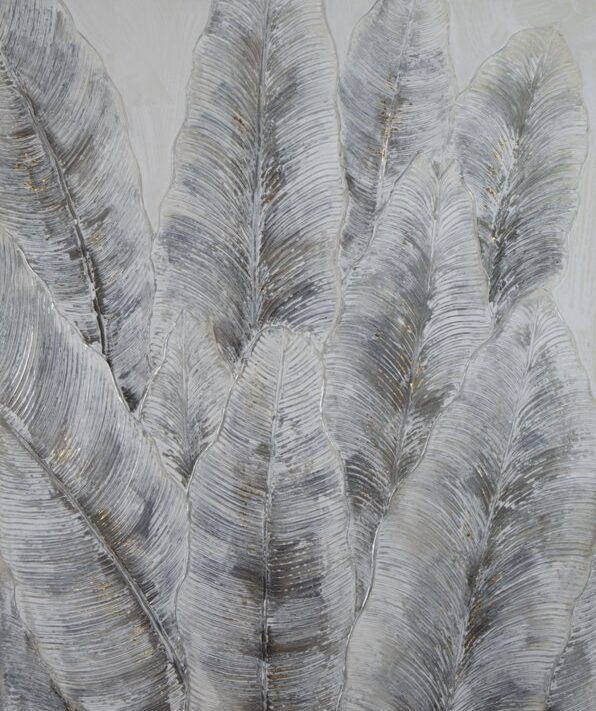 Obraz ręcznie malowany Liście szary 90 X 120 cm – wprowadza spokój i harmonię