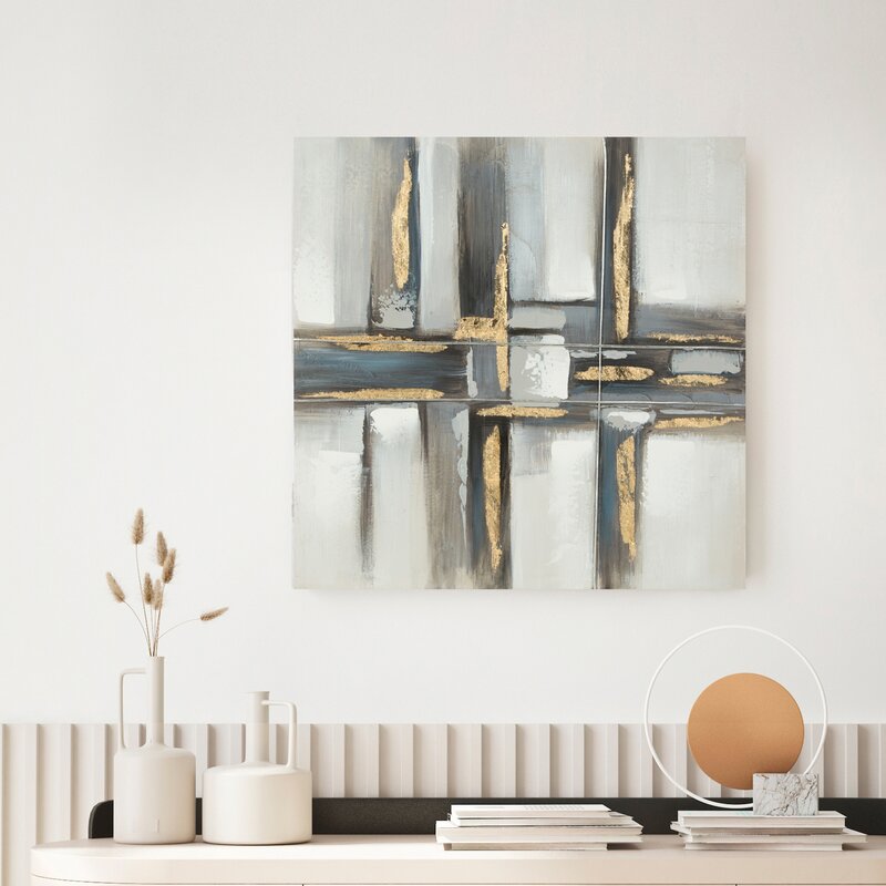 Obraz ręcznie malowany geometryczny stalowy 60 X 60 CM – ze złotymi detalami
