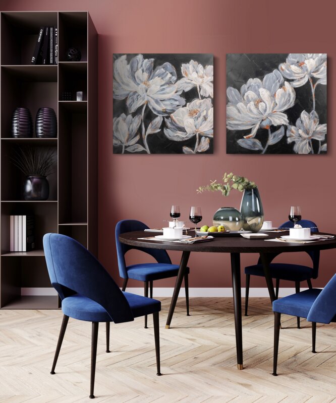 Obraz ręcznie malowany kwiatowy czarny 80 X 80 cm – kwiatowy motyw do wnętrz