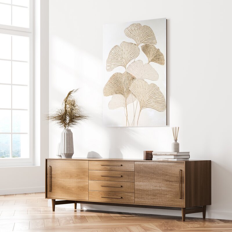 Obraz ręcznie malowany liście ginkgo biloba złoty 80 X 100 cm – wprowadza harmonię