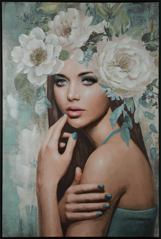 Obraz ręcznie malowany portret kobiety turkusowy 80 X 120 cm – idealny do salonu boho