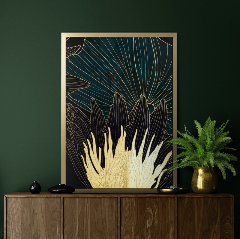 Obraz ręcznie malowany ze złotym zdobieniem zielony 53 X 73 CM – dla głębi i charakteru