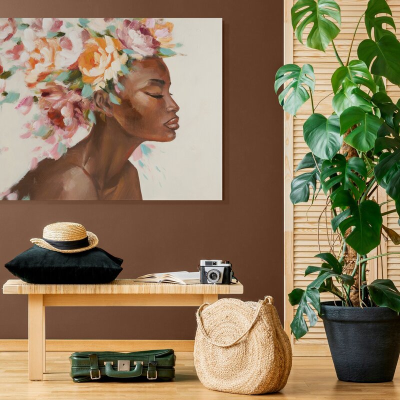 Obraz ręcznie malowany kobiecy kwiatowy beżowy 90 X 60 CM – do salonu i sypialni