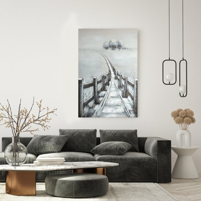 Obraz ręcznie malowany Pejzaż zimowy szary 80 X 120 CM – wprowadzający spokój