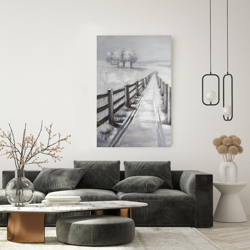 Obraz ręcznie malowany pejzaż zimowy szary 80 X 120 CM – tworzy spokojny nastrój
