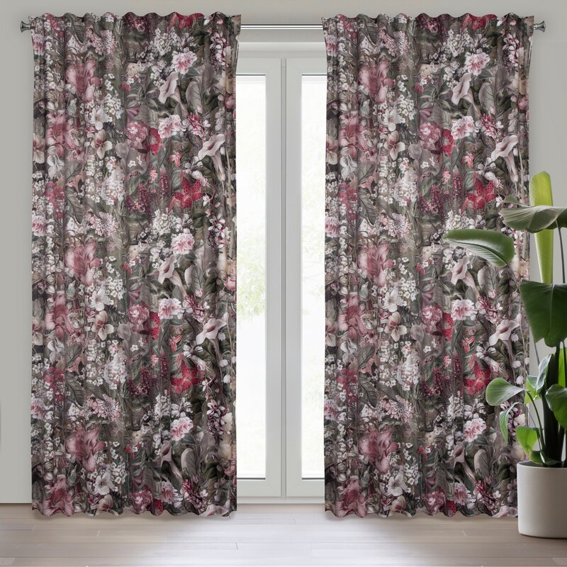 Zasłona gotowa Glory szarobeżowa 140 X 270 cm – welwetowa z kwiatowym wzorem