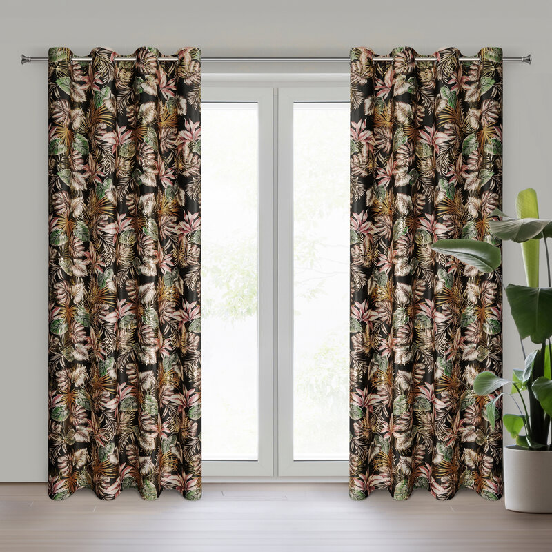Zasłona gotowa Maroko czarna 140 X 250 CM – złoty nadruk tropikalny