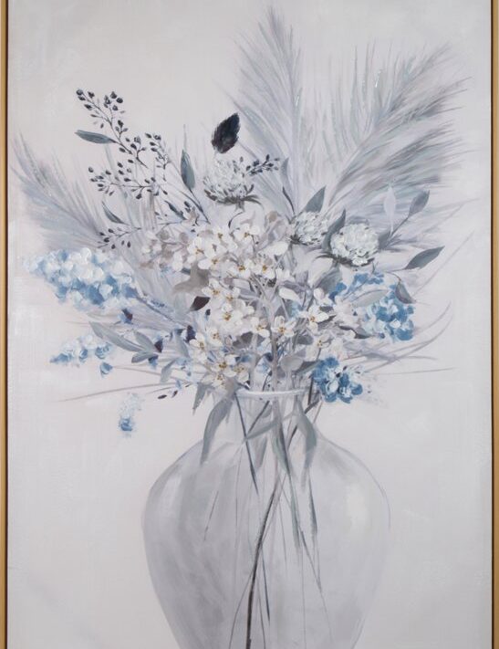 Obraz ręcznie malowany Kwiaty i Pióra biały 80 X 120 cm – harmonia i spokój