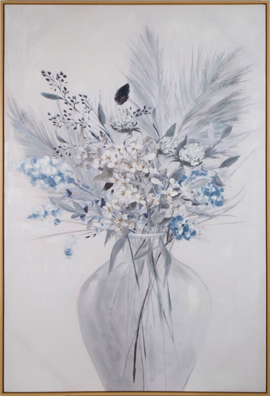 Obraz ręcznie malowany Kwiaty i Pióra biały 80 X 120 cm – harmonia i spokój