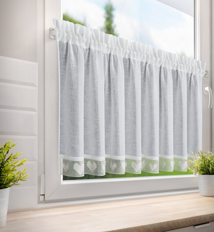 Firana gotowa Gaja kremowa 150 X 60 cm – z koronką serduszka