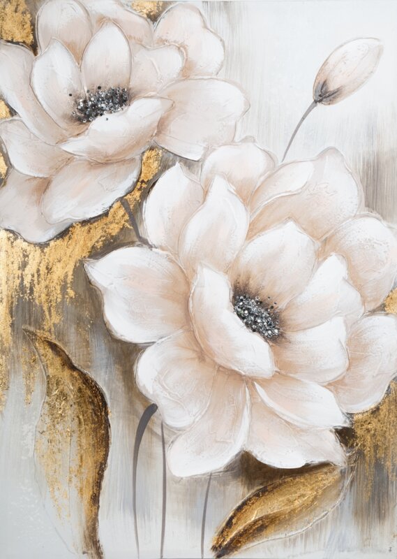 Obraz ręcznie malowany Kwiaty biały 70 X 100 CM – kojący wzór