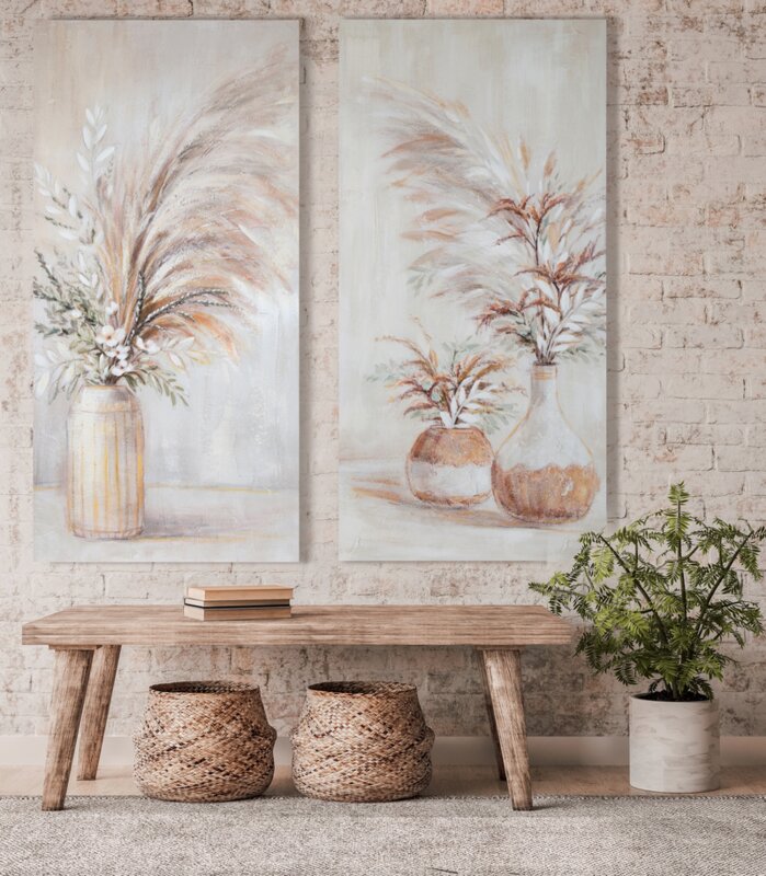 Obraz ręcznie malowany kwiatowy beżowy 60 X 120 cm – wprowadza spokój