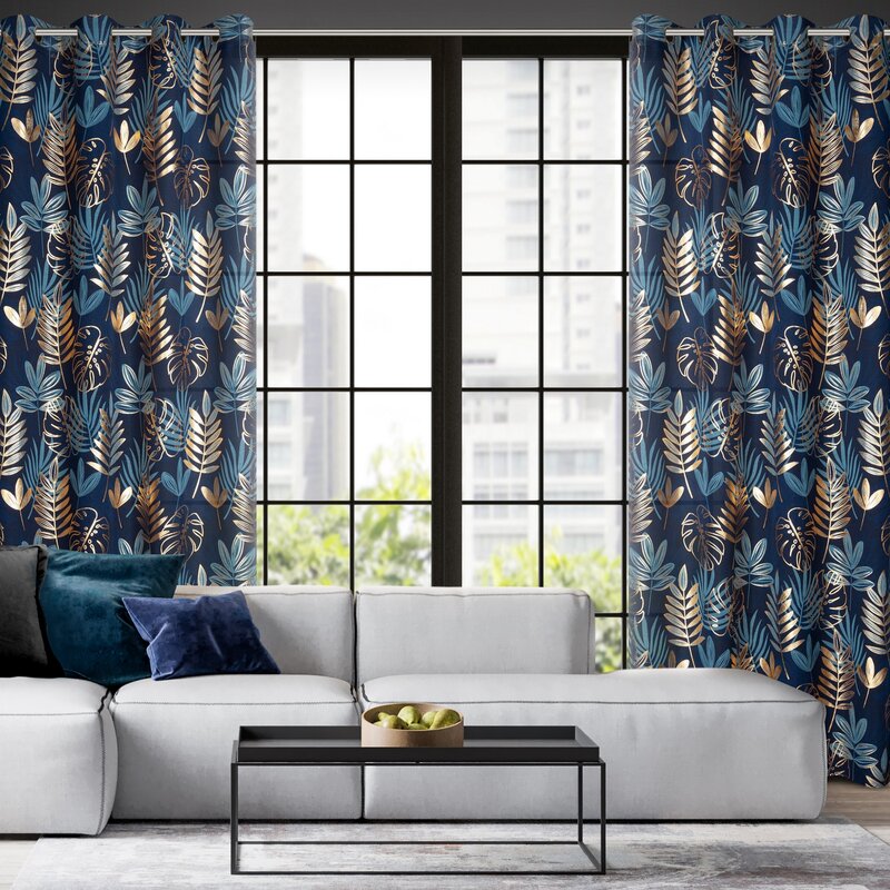 Zasłona gotowa RINA granatowa 140 X 250 cm – z motywem botanicznym