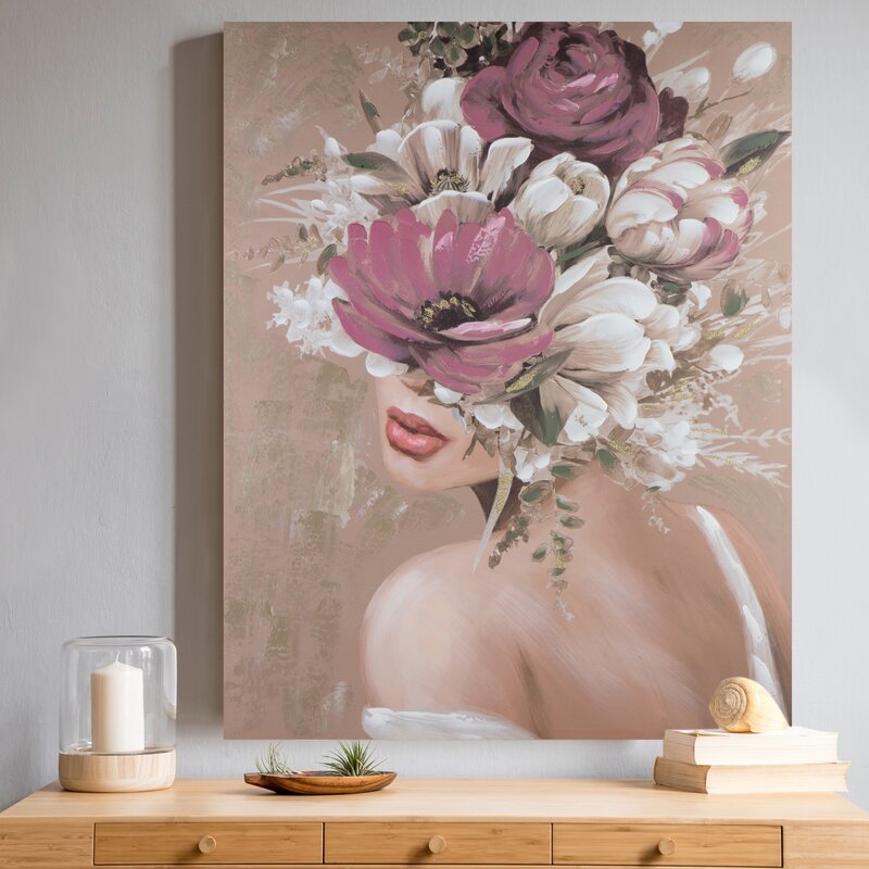 Obraz ręcznie malowany kobieta i kwiaty beżowy 80 X 100 cm – ożywi wnętrze