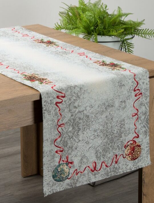 Obrus gobelinowy świąteczny popielaty 45x140 cm – odporny na plamy