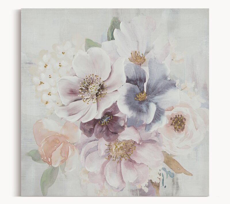 Obraz ręcznie malowany kwiaty popielaty 60 X 60 CM – wprowadza spokój do wnętrza