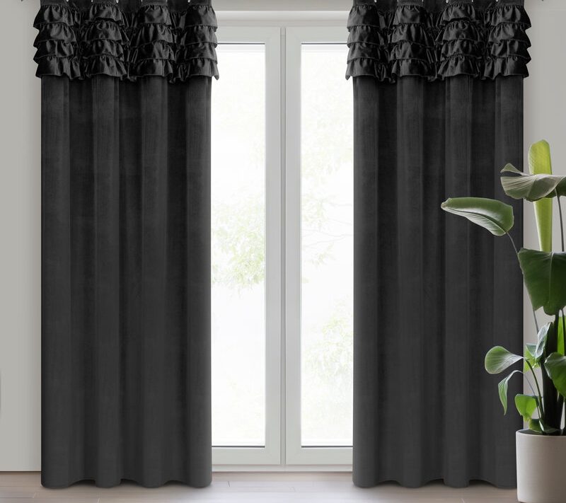 Zasłona gotowa welwetowa Erin z falbanami czarna 140 X 250 cm – miękka w dotyku