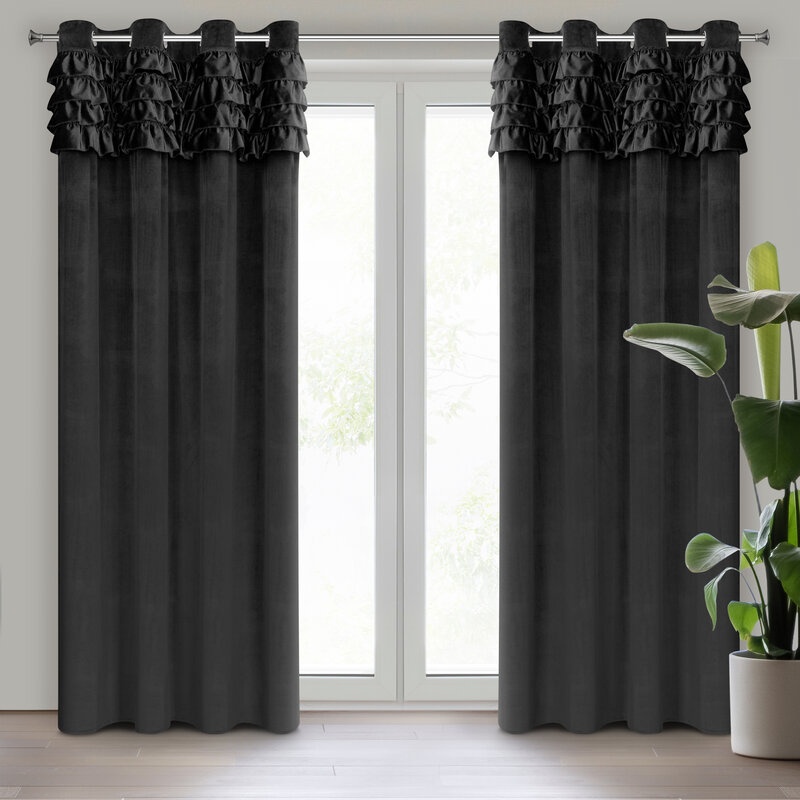 Zasłona gotowa welwetowa Erin z falbanami czarna 140 X 250 cm – miękka w dotyku