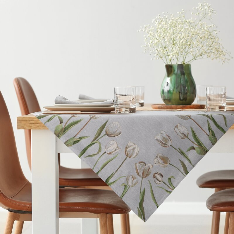 Obrus gobelinowy z tulipanami jasnopopielaty 100x100 cm – wprowadza świeżość