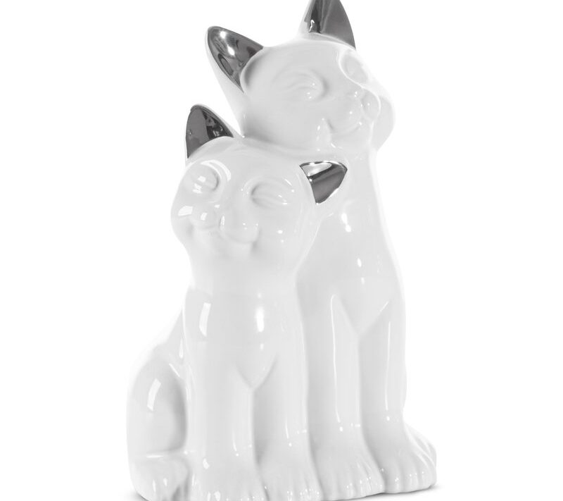 Figurka ceramiczna z kotami biała 14 x 12 x 22 cm – doda uroku wnętrzu