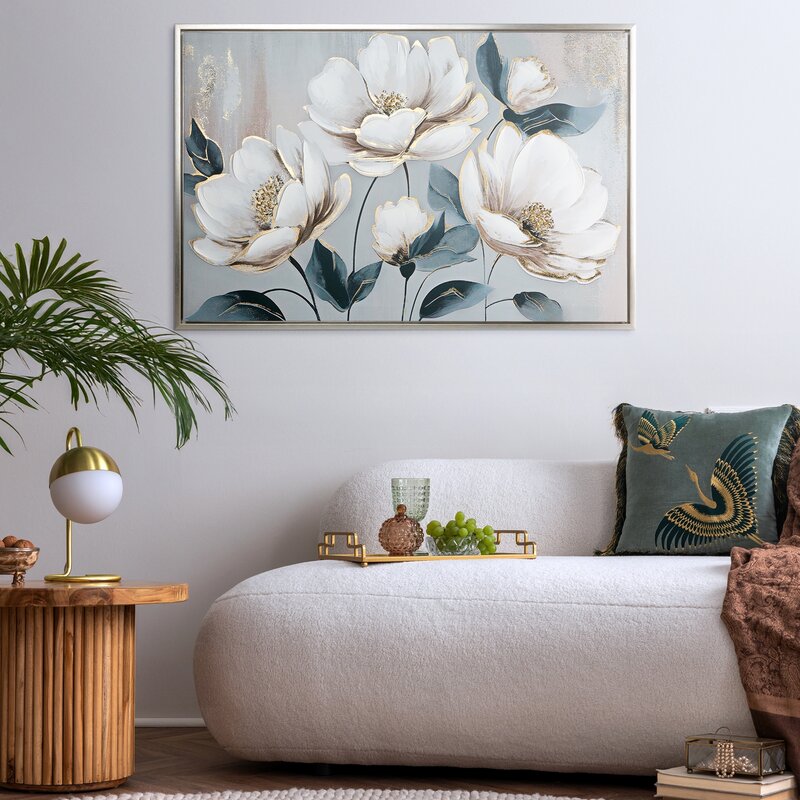 Obraz ręcznie malowany białe kwiaty biały 60 X 90 CM – wnosi świeżość