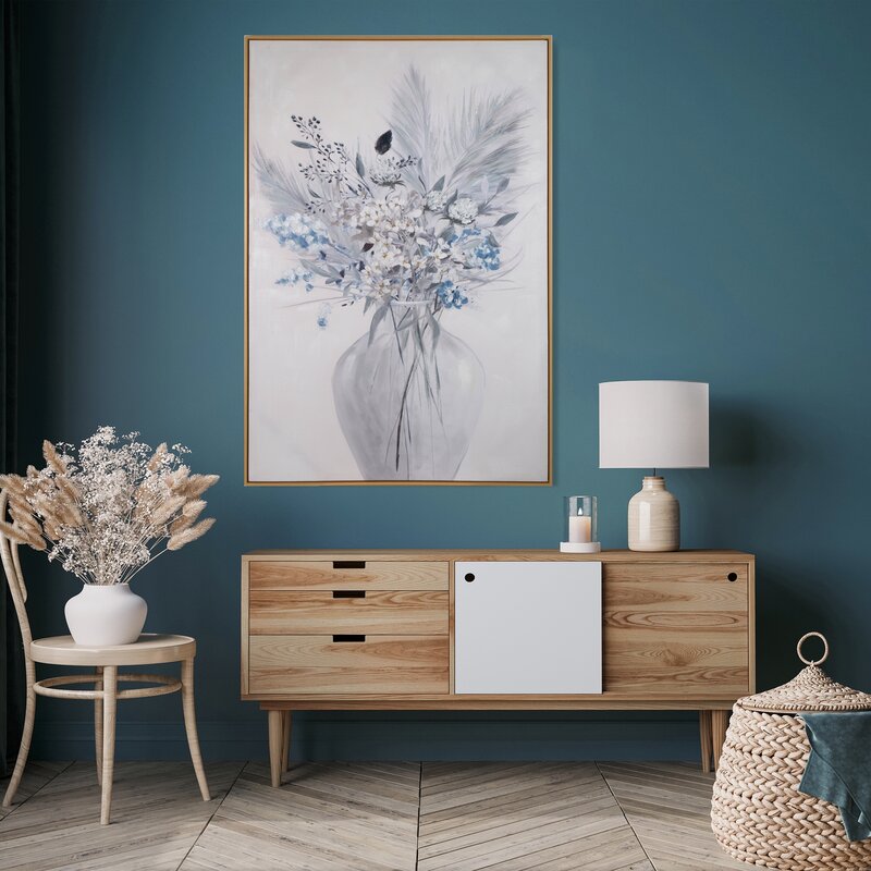 Obraz ręcznie malowany Kwiaty i Pióra biały 80 X 120 cm – harmonia i spokój