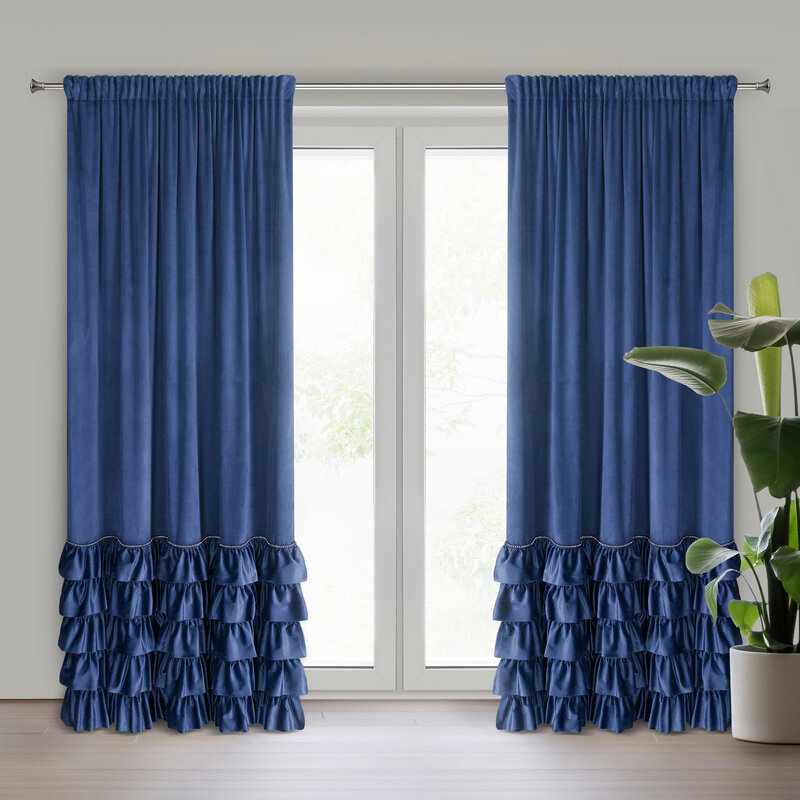 Zasłona gotowa Carli granatowa 140 X 270 cm – welwetowa z falbanami