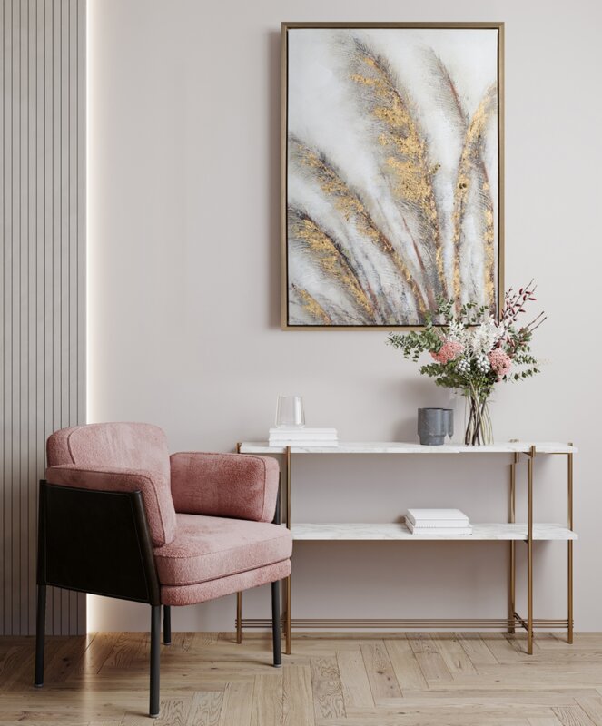 Obraz ręcznie malowany Złote Liście szary 50 X 70 cm – z subtelnym blaskiem
