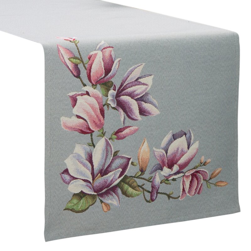 Obrus gobelinowy z magnoliami popielaty 45x140 cm – ozdoba stołu