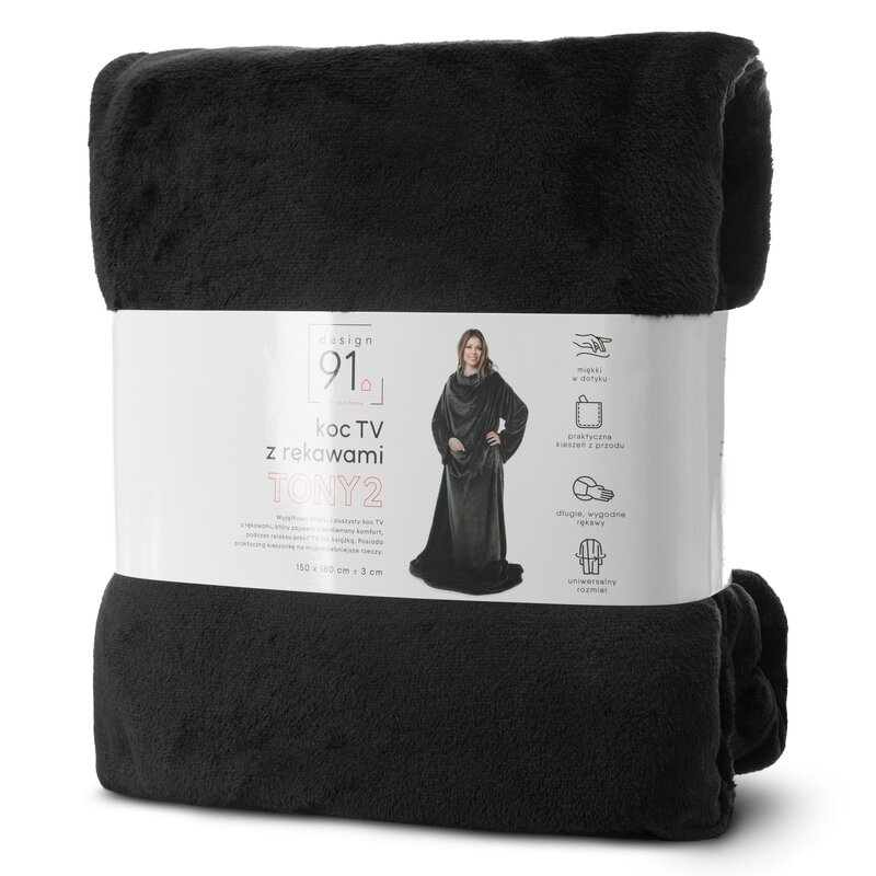 Koc flano z rękawami czarny 150 x 180 cm – idealny na wieczór