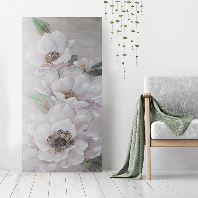 Obraz ręcznie malowany z kwiatami beżowy 60 X 120 cm – wprowadza naturę i relaks