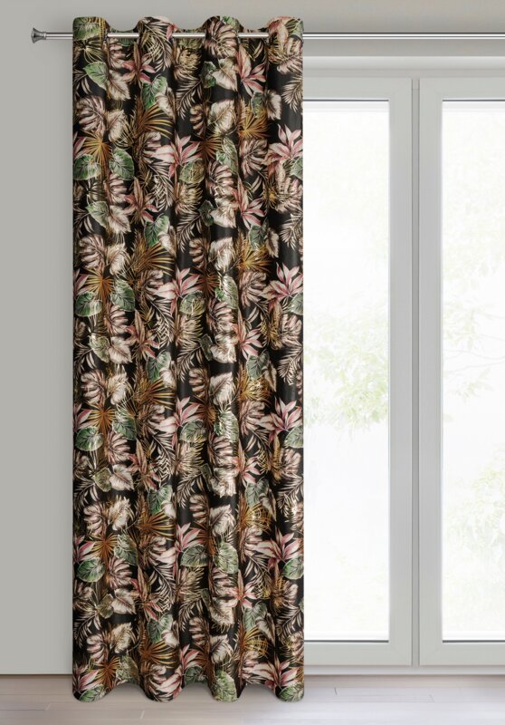 Zasłona gotowa Maroko czarna 140 X 250 CM – złoty nadruk tropikalny