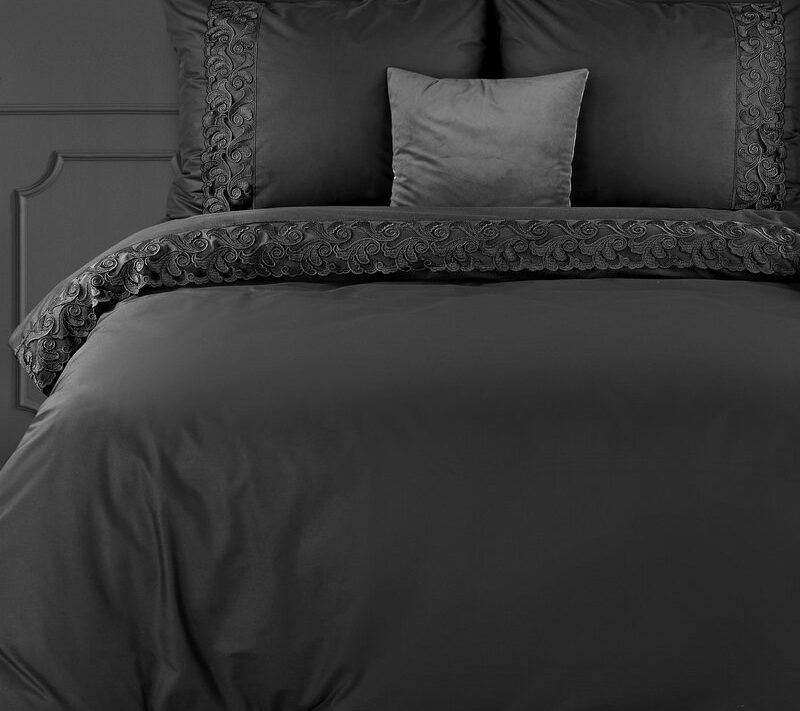 Pościel bawełniana Lana3 czarna 160 x 200 cm – elegancka koronka