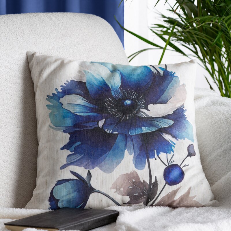 Poszewka lniana LEN 51 beżowa 45 X 45 cm – z błękitnym kwiatowym wzorem